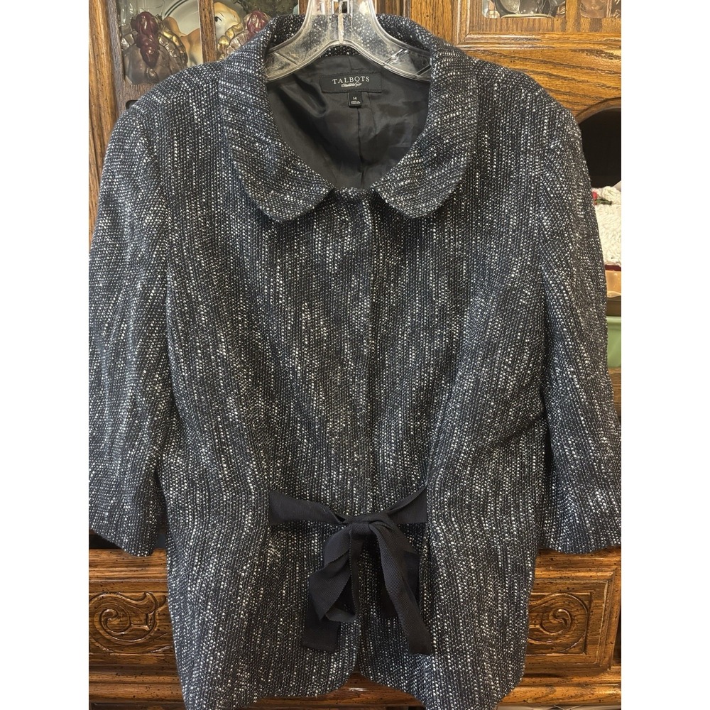 Talbots Women's Black White Tweed Blazer Peter Pan Collar Size 14‎ Ribbon Snaps